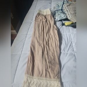 Beige Maxi Pants with Lace Trim